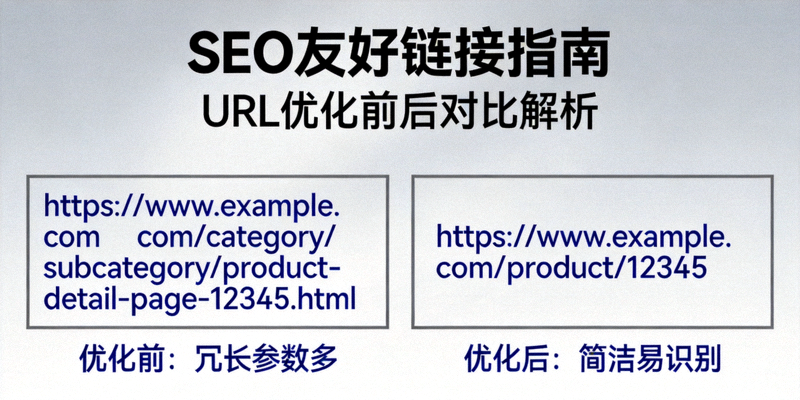 SEO友好链接指南封面图，展示URL优化前后对比效果